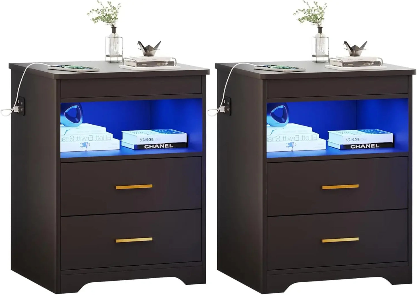 Nachttisch mit Waffenschublade, Lade-Nachttisch mit USB- und Typ-C-Anschluss, LED-Nachttisch mit menschlichem Sensor, moderner Beistelltisch