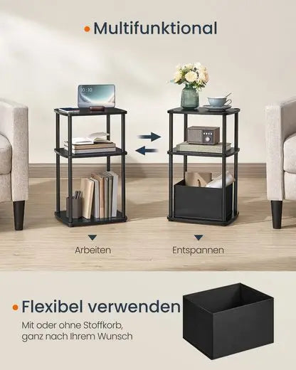 VASAGLE side table (1 table), bedside table, with 3 shelves, fabric basket, 30x34x58 cm