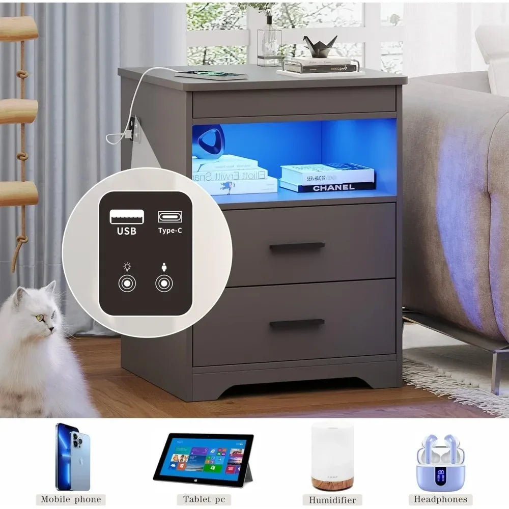 Nachttisch mit Waffenschublade, Lade-Nachttisch mit USB- und Typ-C-Anschluss, LED-Nachttisch mit menschlichem Sensor, moderner Beistelltisch