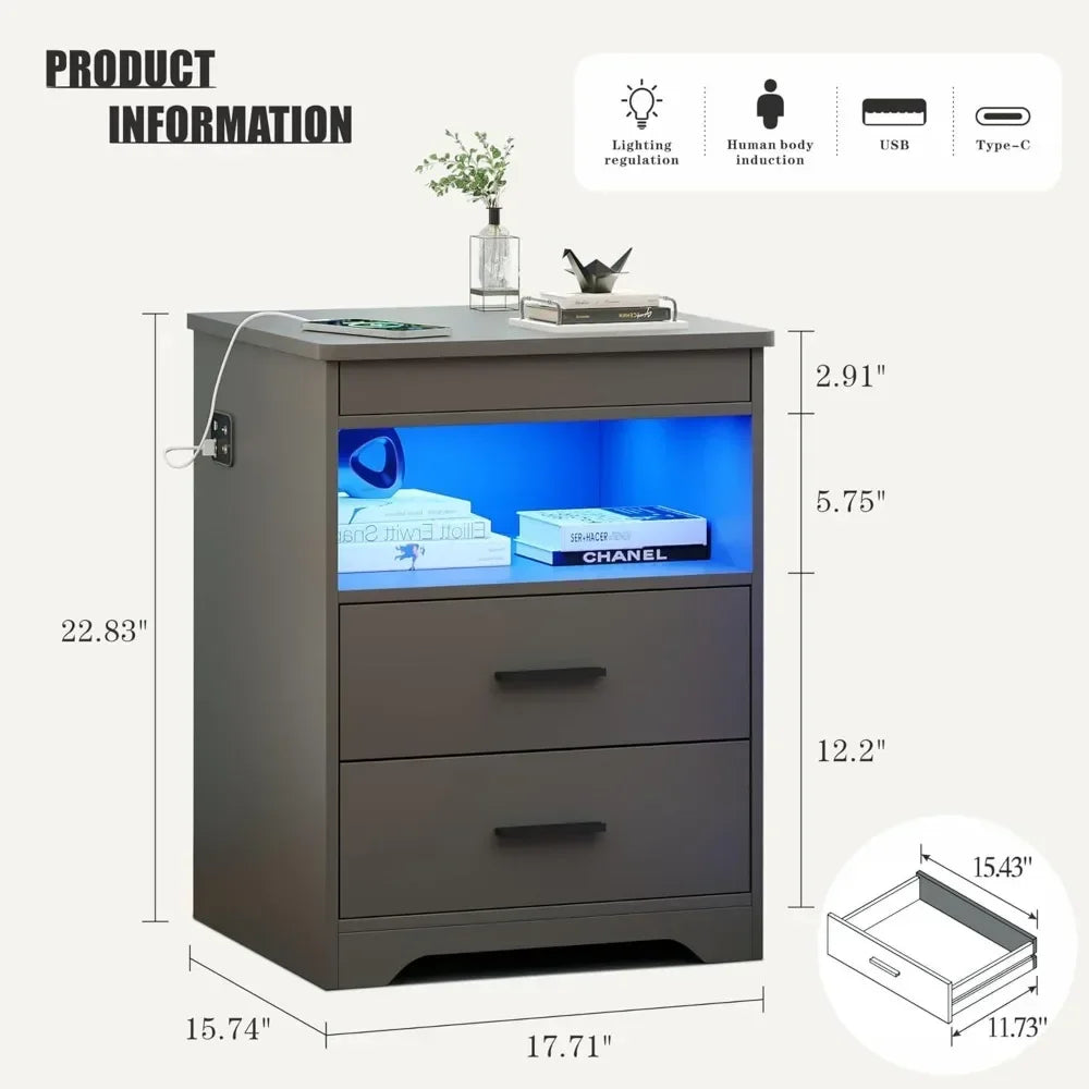Nachttisch mit Waffenschublade, Lade-Nachttisch mit USB- und Typ-C-Anschluss, LED-Nachttisch mit menschlichem Sensor, moderner Beistelltisch
