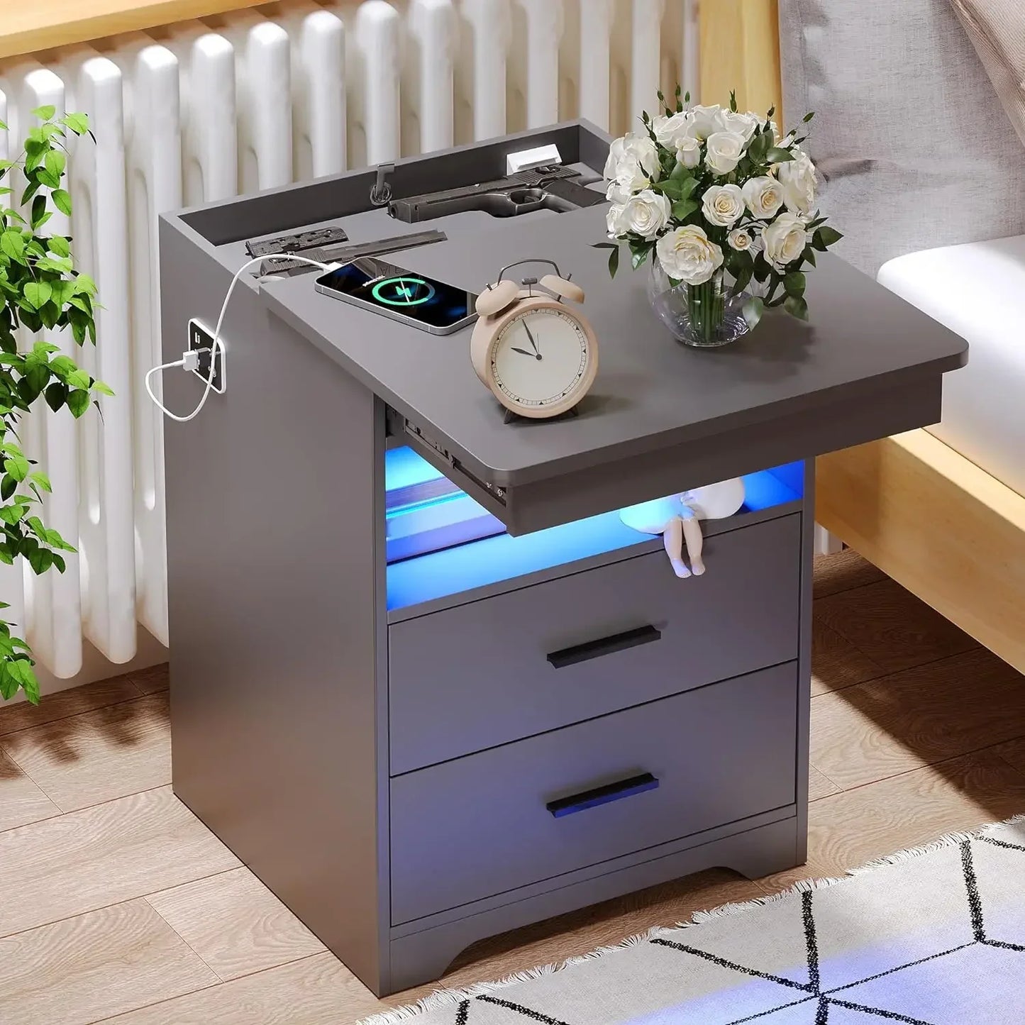 Nachttisch mit Waffenschublade, Lade-Nachttisch mit USB- und Typ-C-Anschluss, LED-Nachttisch mit menschlichem Sensor, moderner Beistelltisch