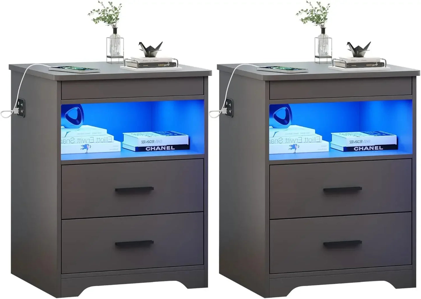 Nachttisch mit Waffenschublade, Lade-Nachttisch mit USB- und Typ-C-Anschluss, LED-Nachttisch mit menschlichem Sensor, moderner Beistelltisch