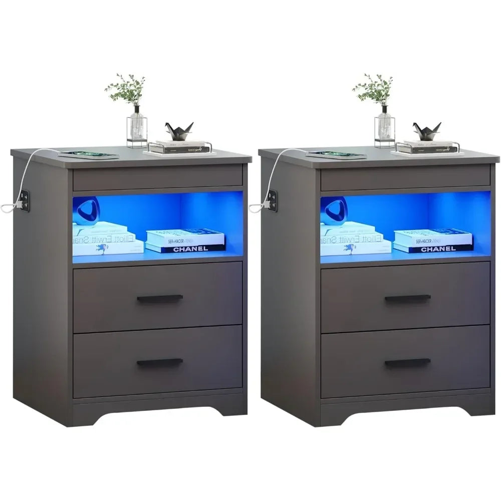 Nachttisch mit Waffenschublade, Lade-Nachttisch mit USB- und Typ-C-Anschluss, LED-Nachttisch mit menschlichem Sensor, moderner Beistelltisch