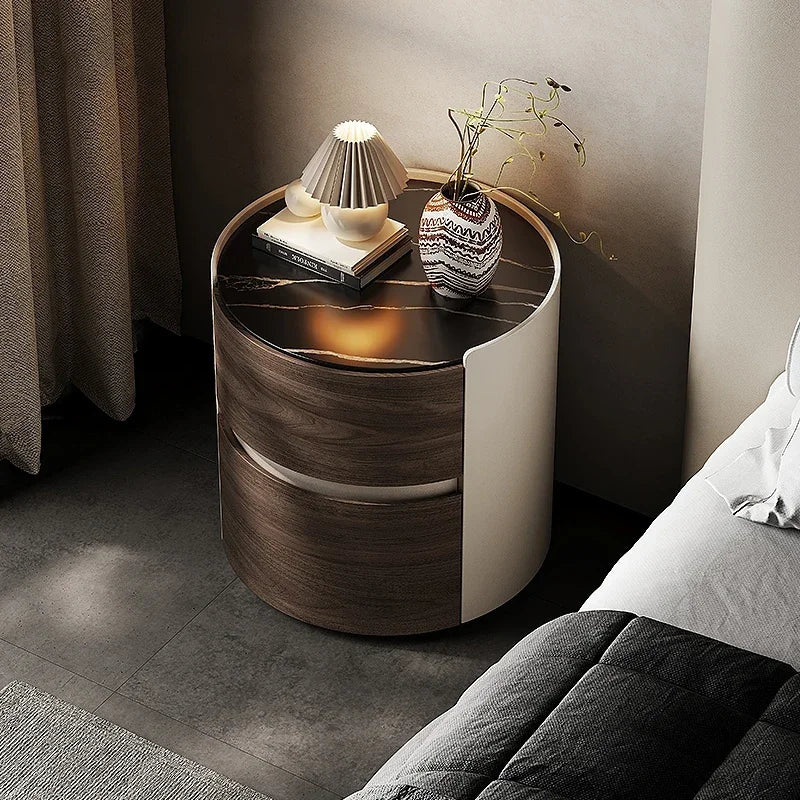 Leichte Luxus-Nachttische für Zuhause, kleine Wohnung, Designer-Nachttische, italienische Felsplatte, runder Nachttisch, Schlafzimmermöbel