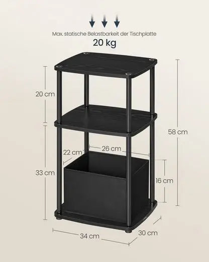 VASAGLE side table (1 table), bedside table, with 3 shelves, fabric basket, 30x34x58 cm