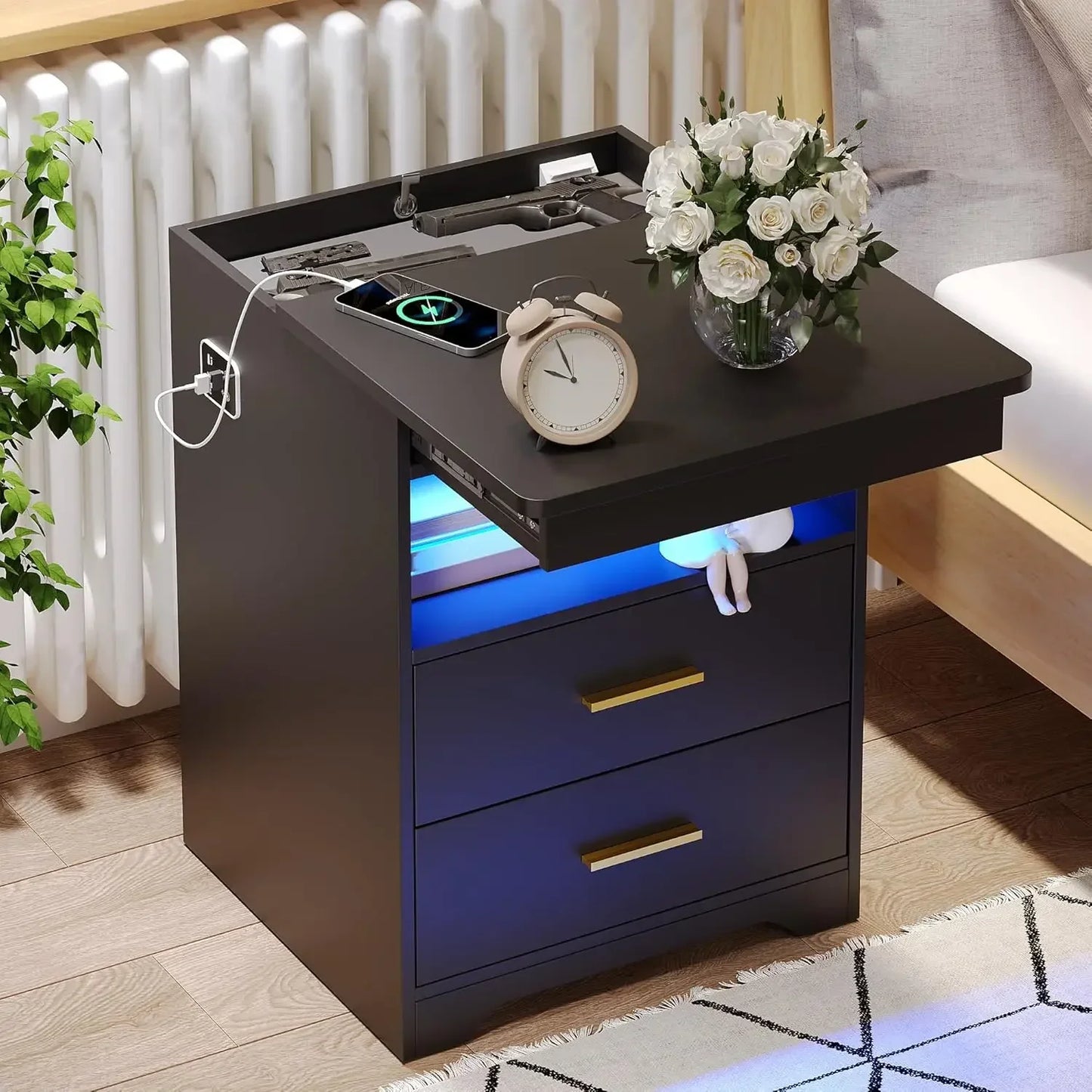 Nachttisch mit Waffenschublade, Lade-Nachttisch mit USB- und Typ-C-Anschluss, LED-Nachttisch mit menschlichem Sensor, moderner Beistelltisch