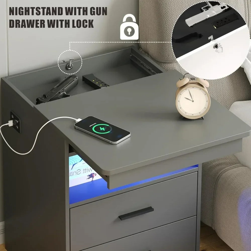 Nachttisch mit Waffenschublade, Lade-Nachttisch mit USB- und Typ-C-Anschluss, LED-Nachttisch mit menschlichem Sensor, moderner Beistelltisch